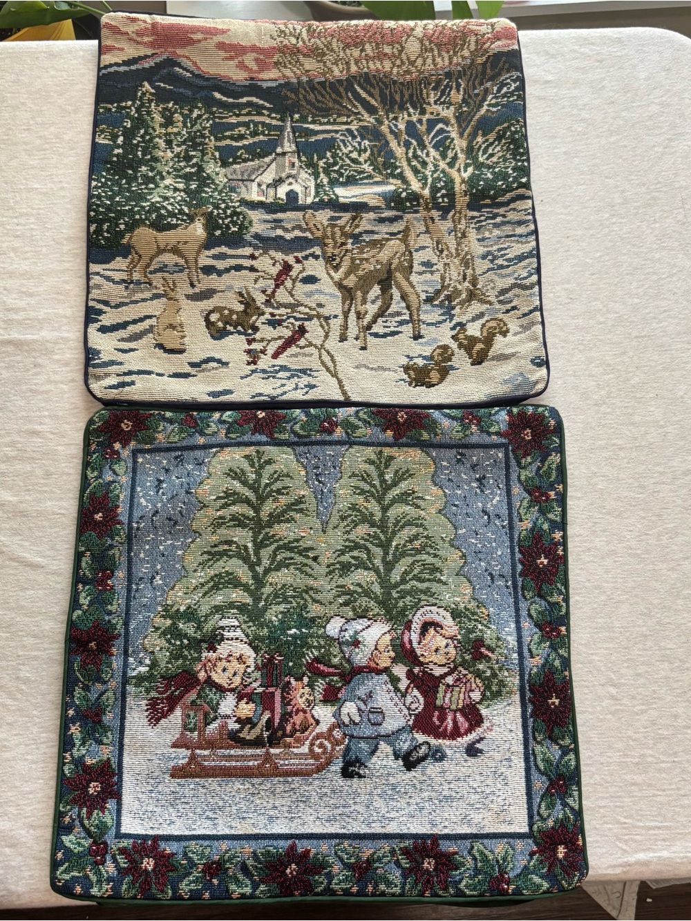 Vintage Christmas Woven Tapestry Cushion Cover Set Church Deer Children 15x15
